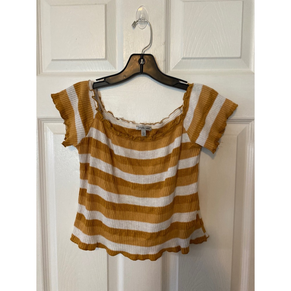 Charlotte Russe Mustard Yellow White Striped Ribbed‎ Lettuce Trim Top Large